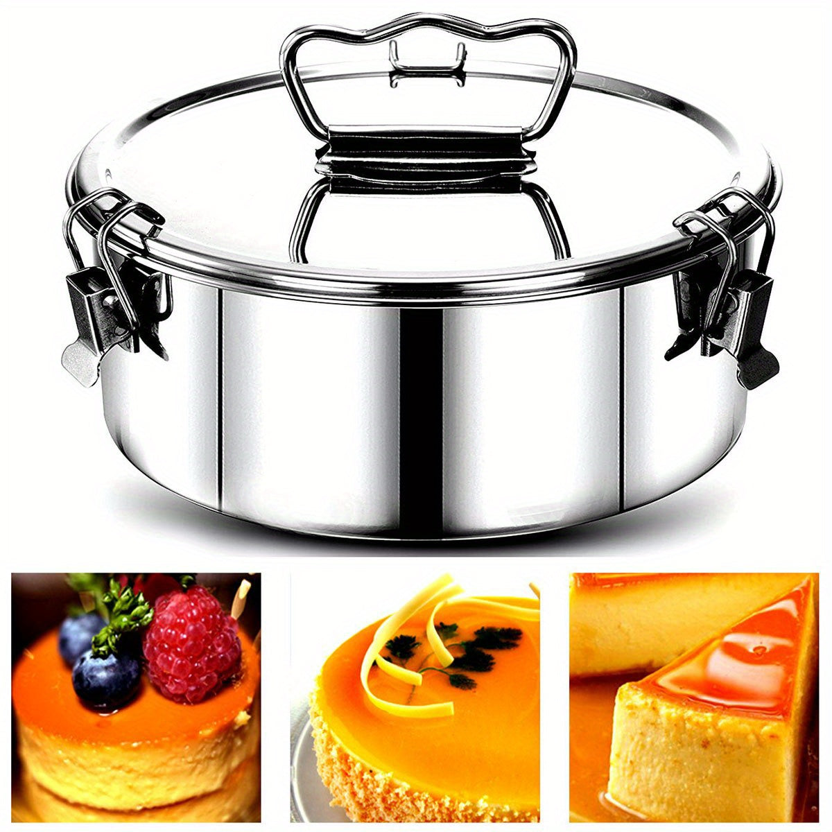 Stainless Steel Flan Mold with Lid, Handle, and 1.5QT Capacity - Portable Round Cake Baking Mold for Chocolate Cake, Cupcake, Pudding, and More