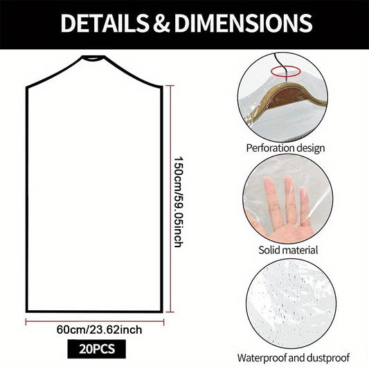 20-piece Value Pack of 149.99 Cm Clear Plastic Garment Bags for Dry Cleaning and Laundry Storage.