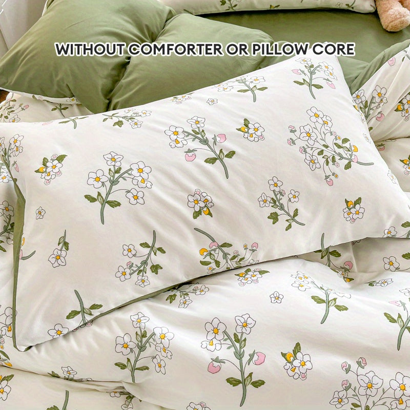 Set of 3 Floral Duvet Covers, Featuring Fresh Green Leaves and White Flower Pattern, Soft and Hypoallergenic Bedding, Set includes 1 Duvet Cover and 2 Pillowcases (Core not included)