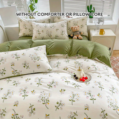 Set of 3 Floral Duvet Covers, Featuring Fresh Green Leaves and White Flower Pattern, Soft and Hypoallergenic Bedding, Set includes 1 Duvet Cover and 2 Pillowcases (Core not included)