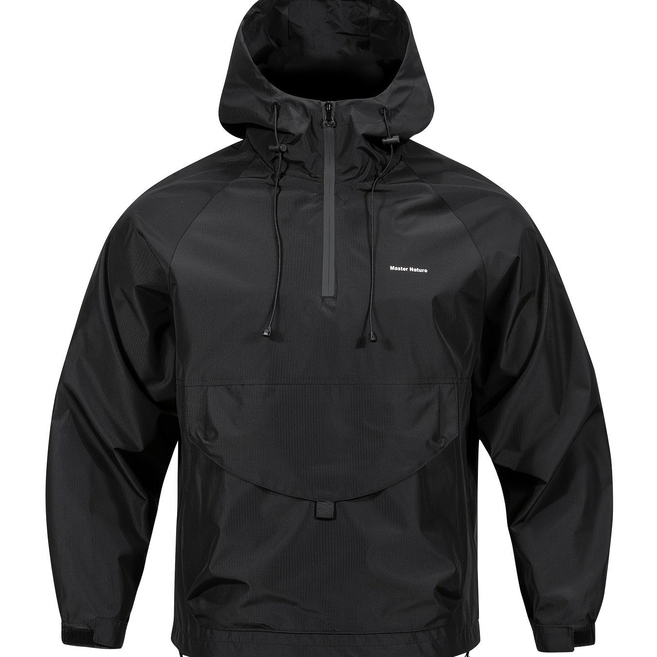 Men's windbreaker jacket with hood, zippered Henley neck, and kangaroo pocket, perfect for outdoor activities.