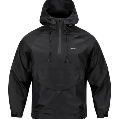 Men's windbreaker jacket with hood, zippered Henley neck, and kangaroo pocket, perfect for outdoor activities.