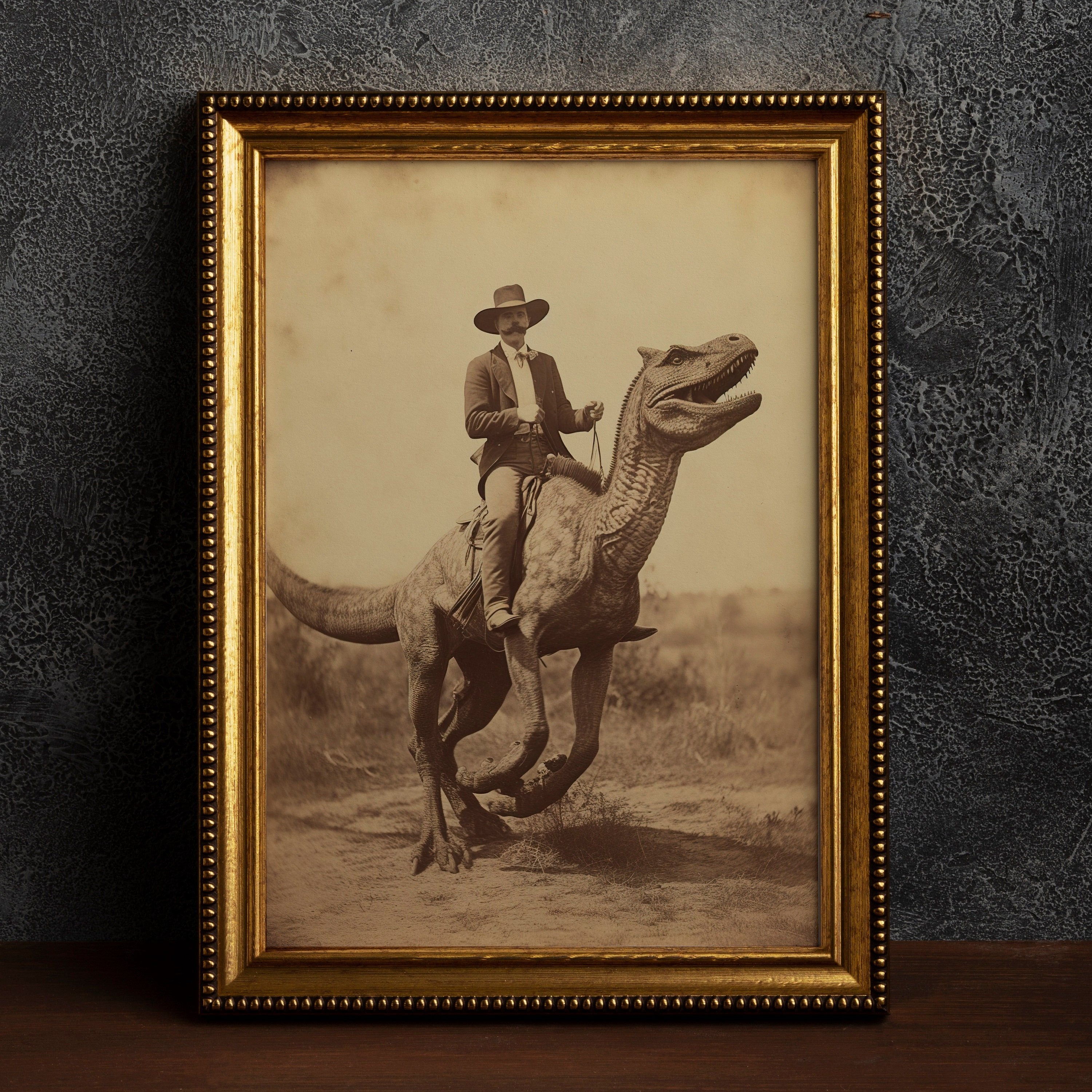 Vintage Dinosaur Cowboy canvas poster - perfect for bedroom or living room decor in winter.