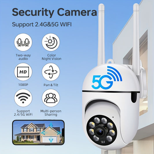 One 1080P surveillance outdoor security camera with 360° view, color night vision, 2-way audio, motion detection, and options for SD or cloud storage (payment required).