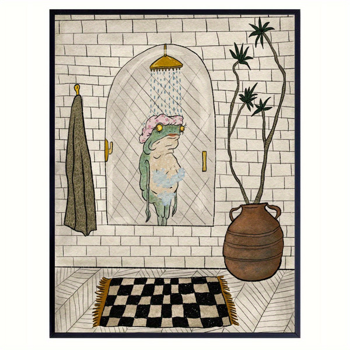 1 pc canvas poster of a retro bathing frog, suitable for bathroom or living room wall decor, unframed.