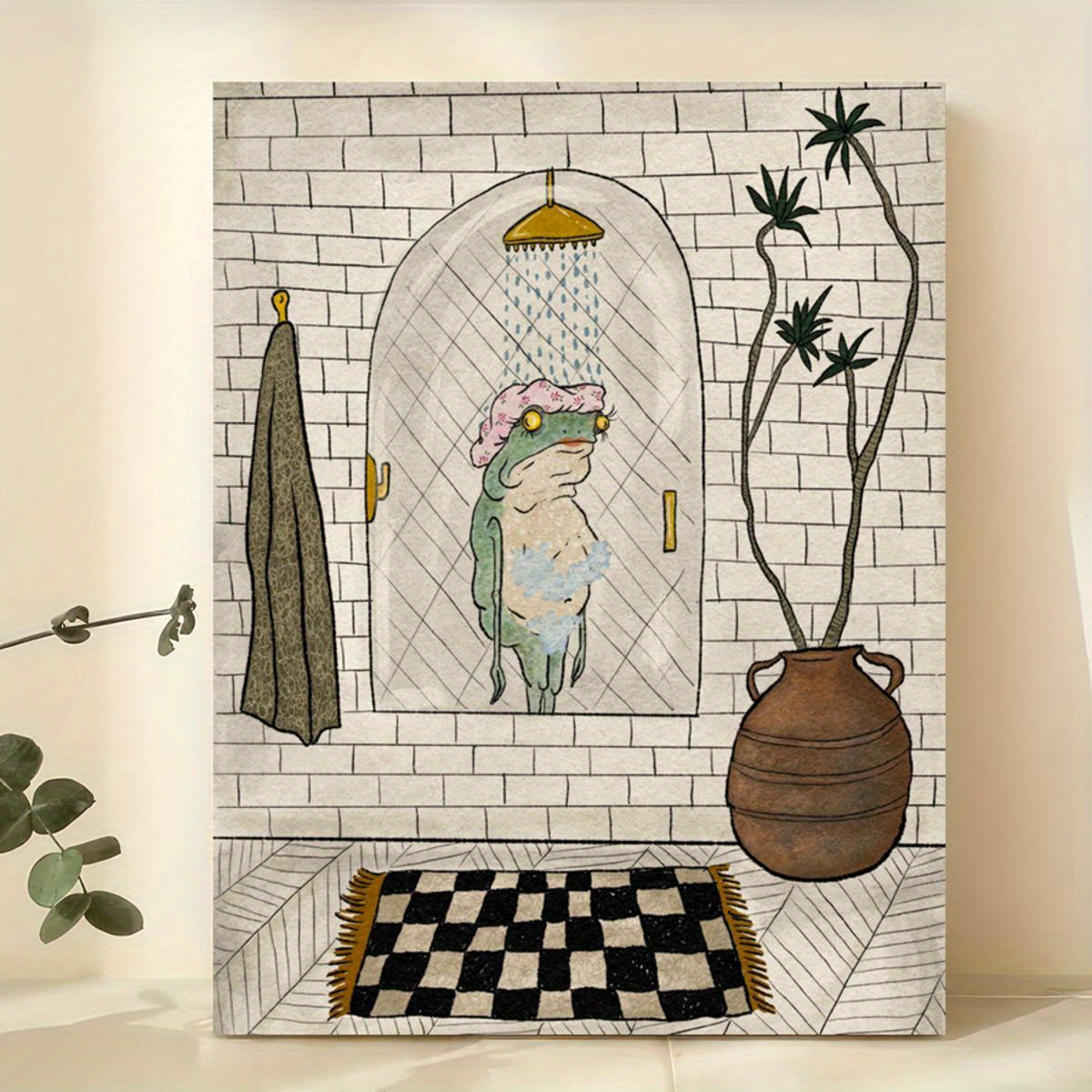 1 pc canvas poster of a retro bathing frog, suitable for bathroom or living room wall decor, unframed.