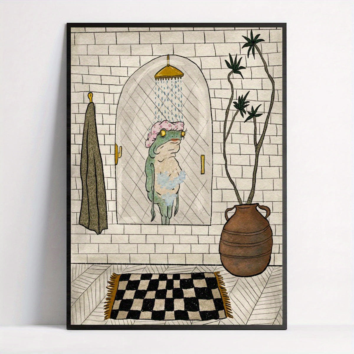 1 pc canvas poster of a retro bathing frog, suitable for bathroom or living room wall decor, unframed.