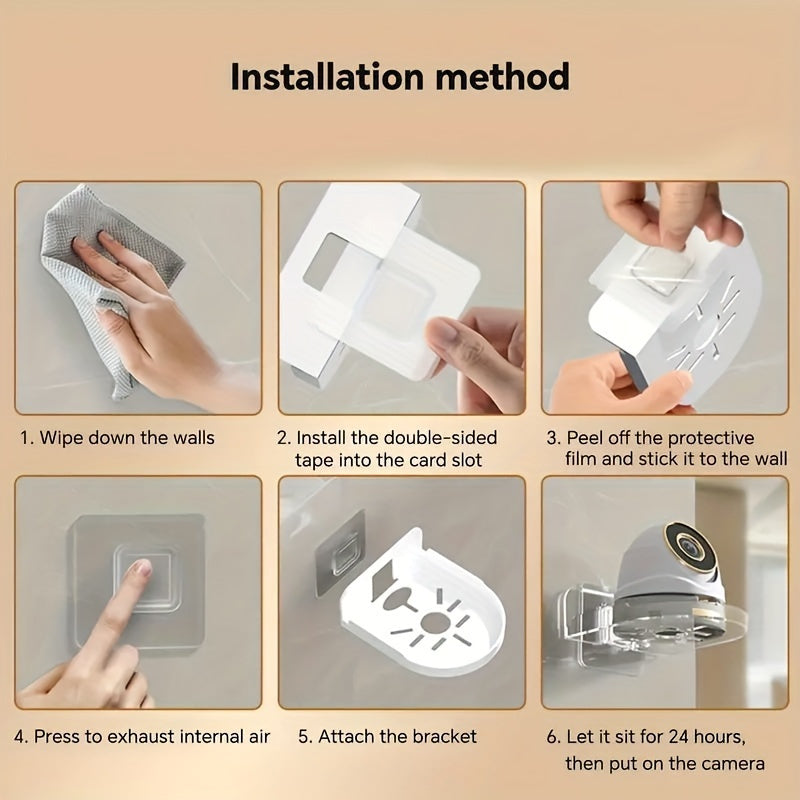 Wall-mounted camera bracket with adhesive, no drilling required, for storing monitoring equipment.