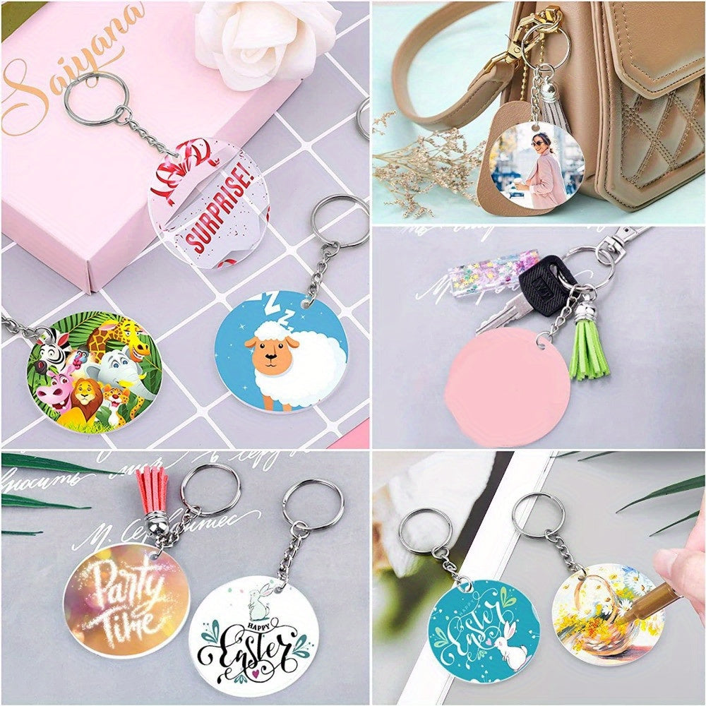 Acrylic key chains with blank transparent design, perfect for creating DIY personalized keychains. Includes keychains, tassels, and buckles for creative pendant making. Comes with 350/700 pieces.