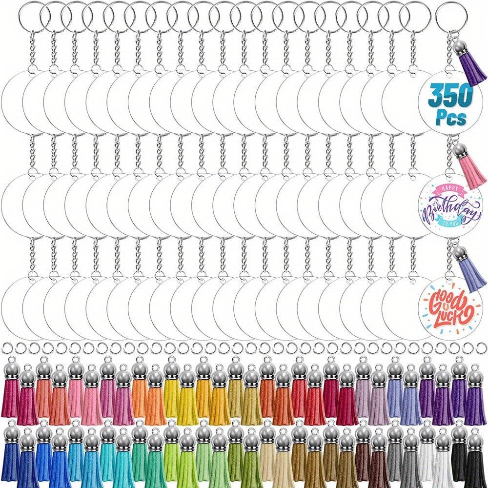 Acrylic key chains with blank transparent design, perfect for creating DIY personalized keychains. Includes keychains, tassels, and buckles for creative pendant making. Comes with 350/700 pieces.