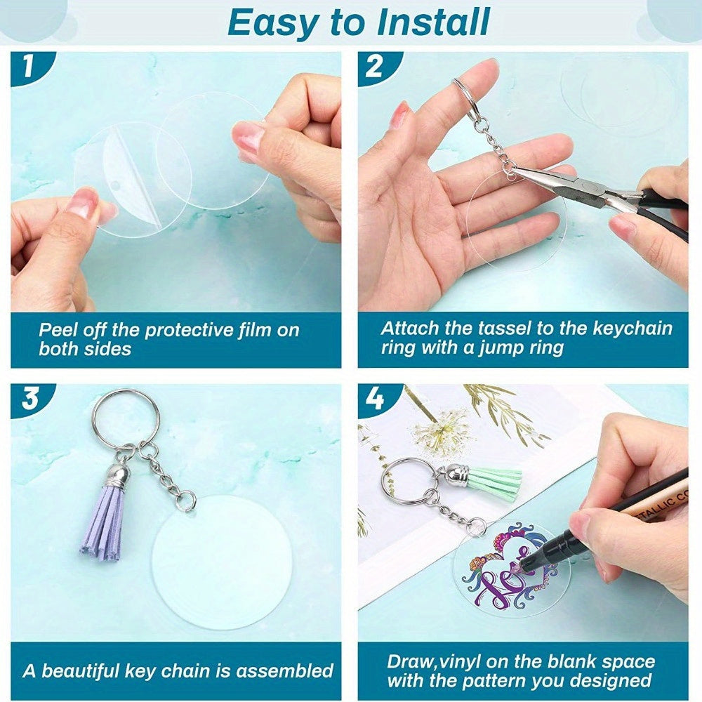 Acrylic key chains with blank transparent design, perfect for creating DIY personalized keychains. Includes keychains, tassels, and buckles for creative pendant making. Comes with 350/700 pieces.