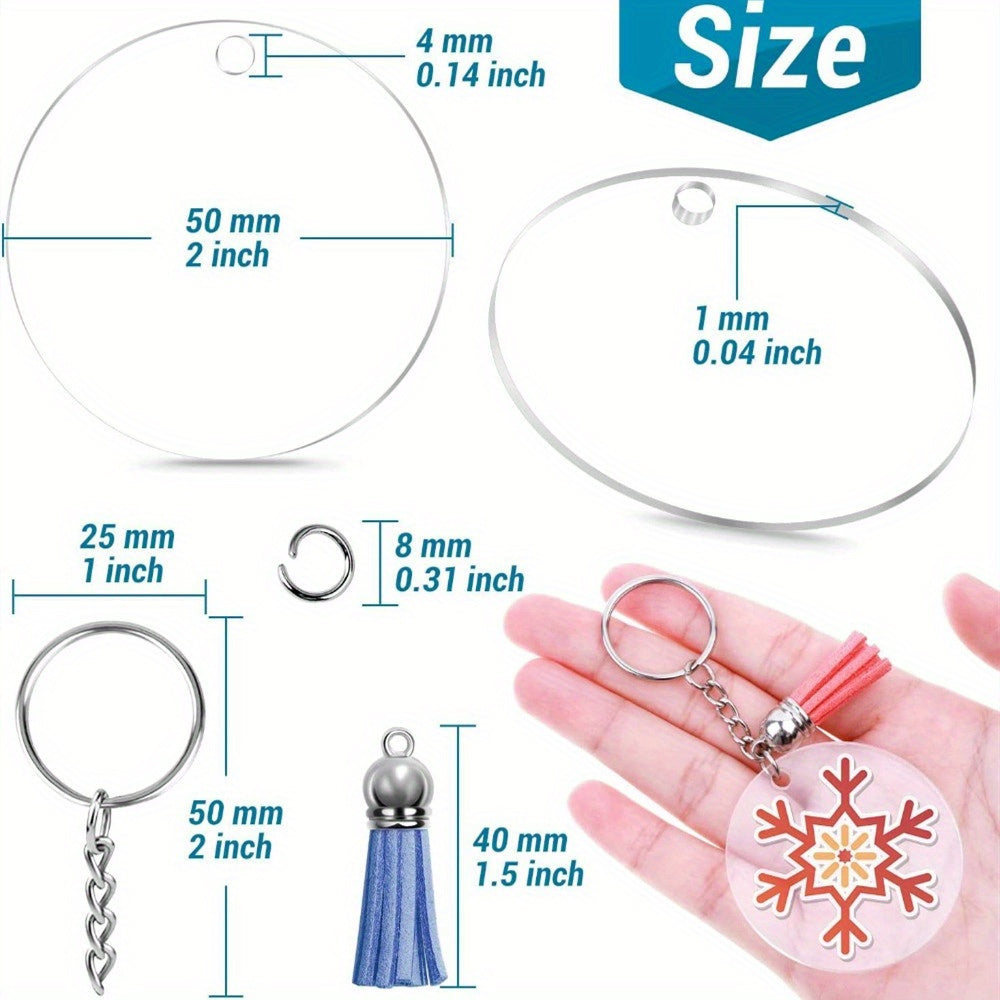 Acrylic key chains with blank transparent design, perfect for creating DIY personalized keychains. Includes keychains, tassels, and buckles for creative pendant making. Comes with 350/700 pieces.