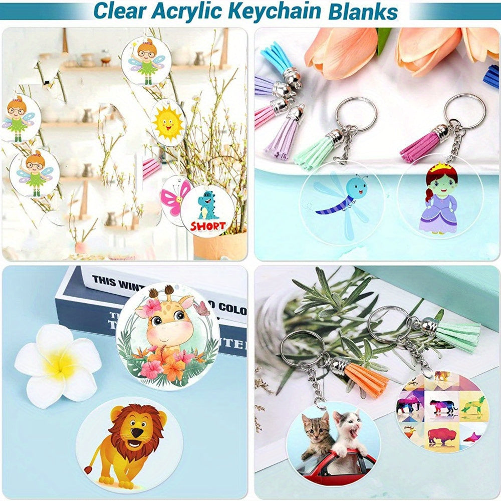 Acrylic key chains with blank transparent design, perfect for creating DIY personalized keychains. Includes keychains, tassels, and buckles for creative pendant making. Comes with 350/700 pieces.