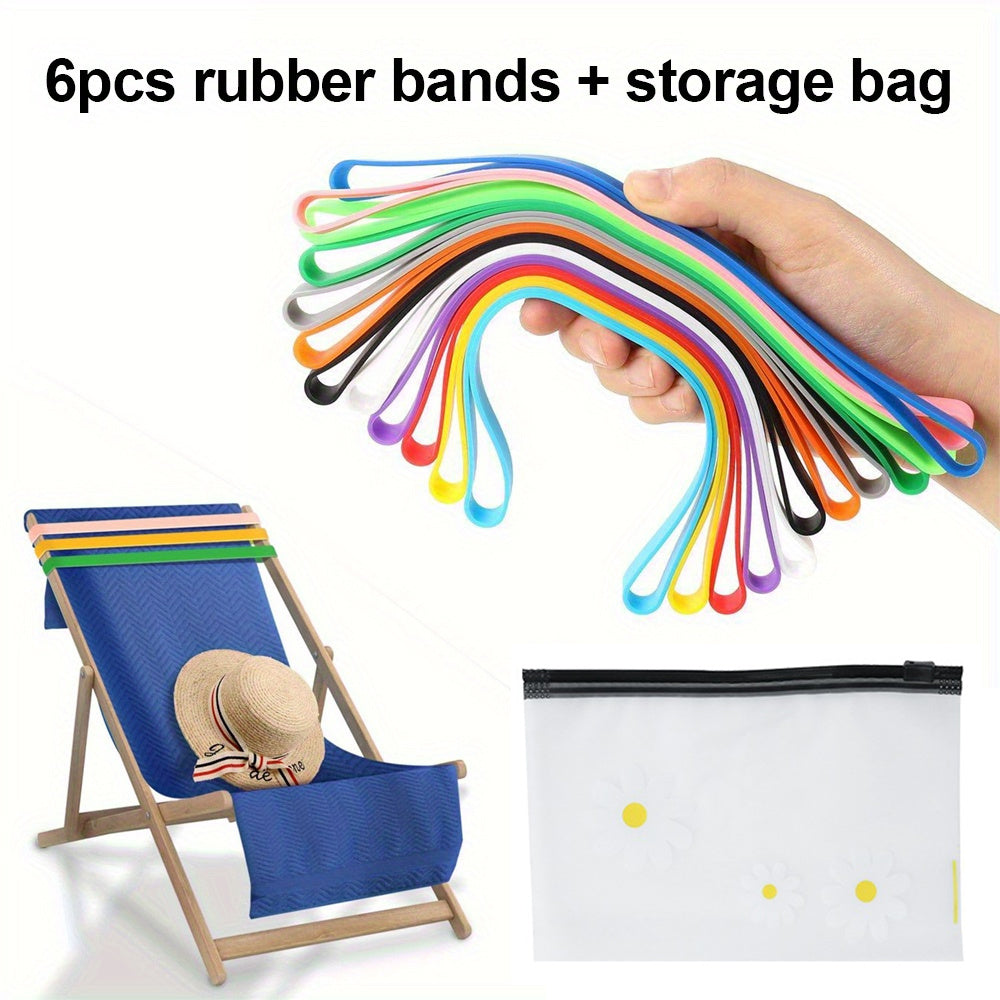 6pcs thicker silicone towel bands for beach chairs, windproof clip bands, colorful and stretchable for pool and cruise.