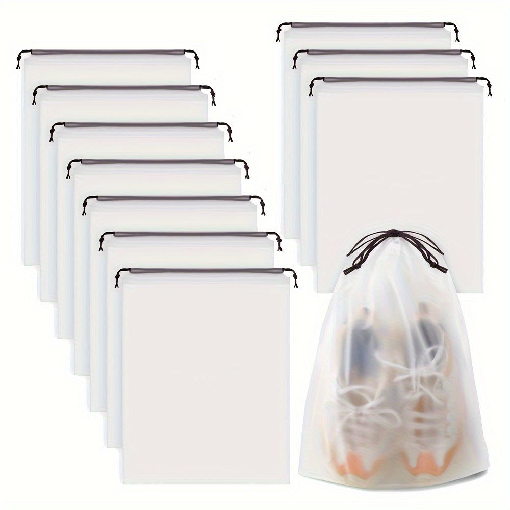 Set of 10 portable shoe storage bags for travel, transparent plastic pouches for shoe packing and protection.