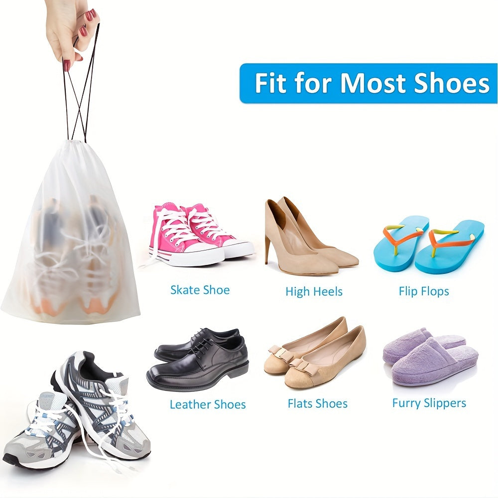 Set of 10 portable shoe storage bags for travel, transparent plastic pouches for shoe packing and protection.