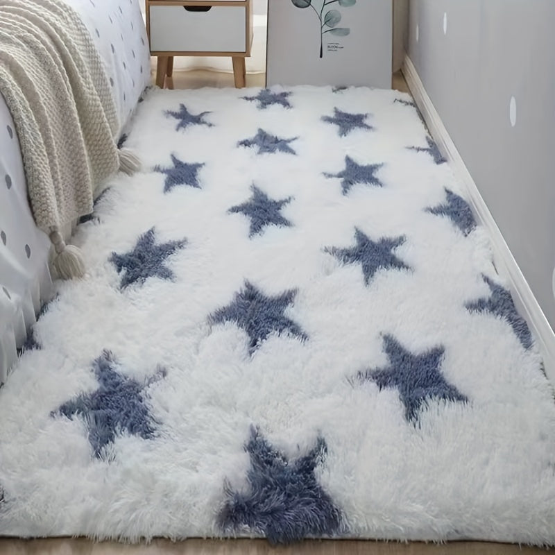 Upgrade your space with a Luxurious Plush Shag Area Mat featuring a stylish star pattern. This soft, fluffy, and non-slip rectangular mat is perfect for the bedroom, living room, or nursery. Easy to care for with machine washable materials, this cozy