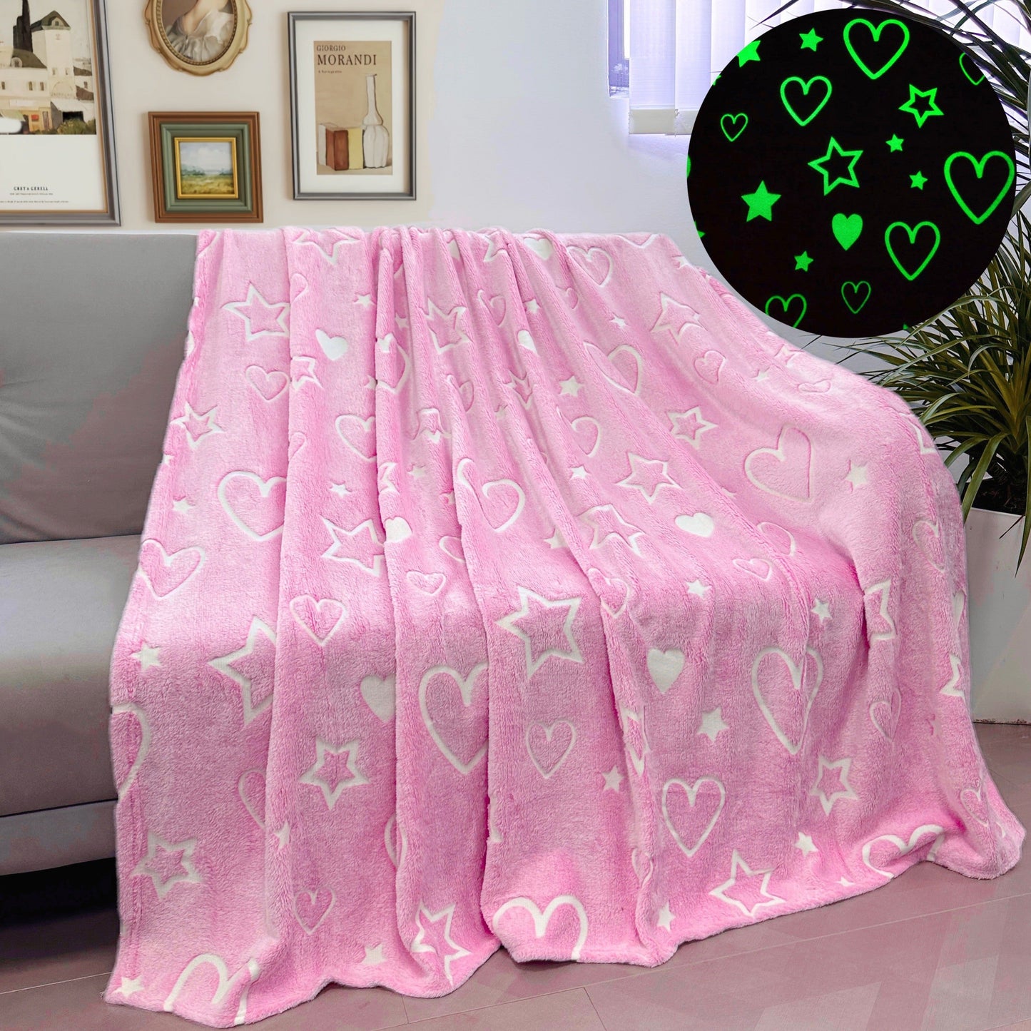 Fluorescent Flannel Blanket with Pink Heart and Star Pattern, Glows in the Dark - Perfect for Boys and Girls! This Warm and Soft Throw Blanket is Ideal for Couches, Beds, Sofas, Offices, and Camping. Makes a Great Gift for Birthdays, Christmas