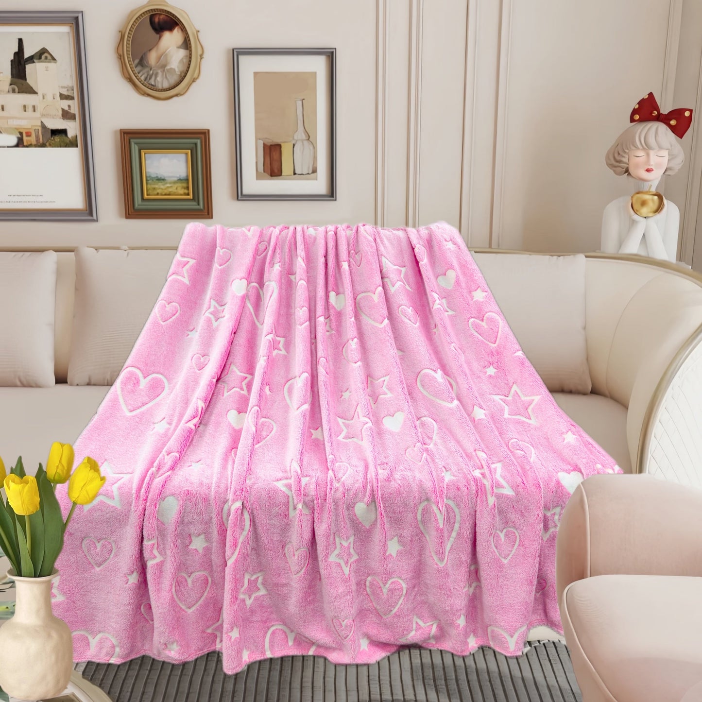 Fluorescent Flannel Blanket with Pink Heart and Star Pattern, Glows in the Dark - Perfect for Boys and Girls! This Warm and Soft Throw Blanket is Ideal for Couches, Beds, Sofas, Offices, and Camping. Makes a Great Gift for Birthdays, Christmas