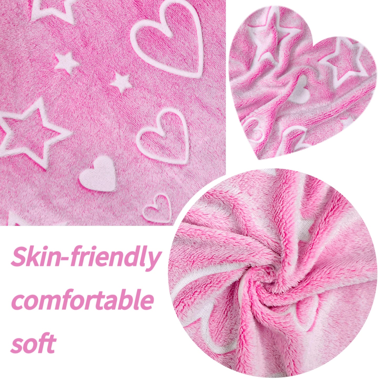 Fluorescent Flannel Blanket with Pink Heart and Star Pattern, Glows in the Dark - Perfect for Boys and Girls! This Warm and Soft Throw Blanket is Ideal for Couches, Beds, Sofas, Offices, and Camping. Makes a Great Gift for Birthdays, Christmas