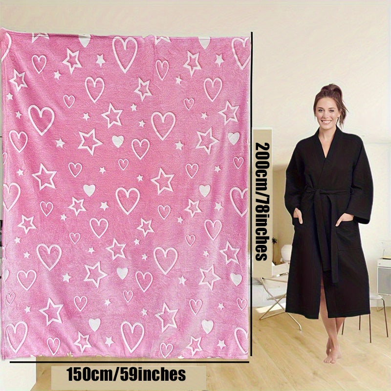 Fluorescent Flannel Blanket with Pink Heart and Star Pattern, Glows in the Dark - Perfect for Boys and Girls! This Warm and Soft Throw Blanket is Ideal for Couches, Beds, Sofas, Offices, and Camping. Makes a Great Gift for Birthdays, Christmas