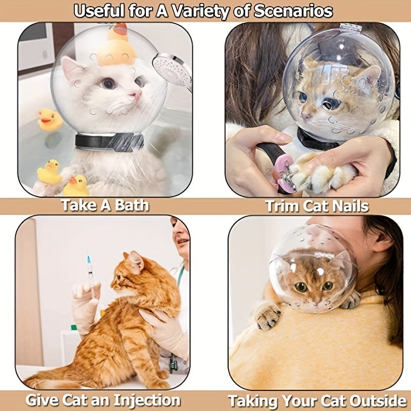 Protective transparent cat mouth cover to prevent biting and licking during beauty and veterinary visits.