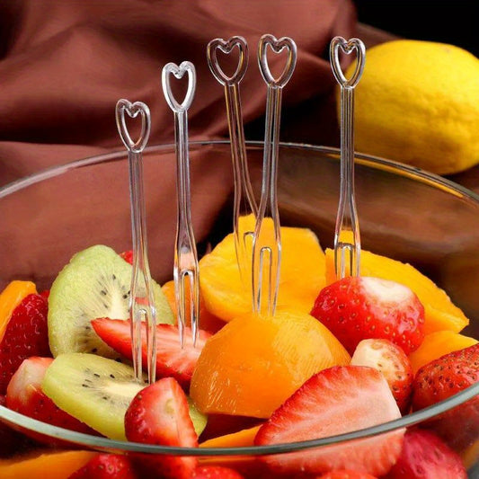 100 disposable fruit forks with love heart design for home, restaurant, picnic, camping, and parties.