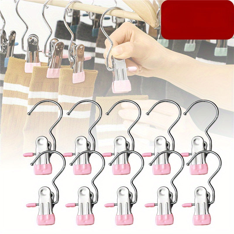 Clothespins Set of 10 - Stainless Steel Laundry Pegs with Hooks for Hanging Clothes, Portable Clips for Closet Organization and Storage