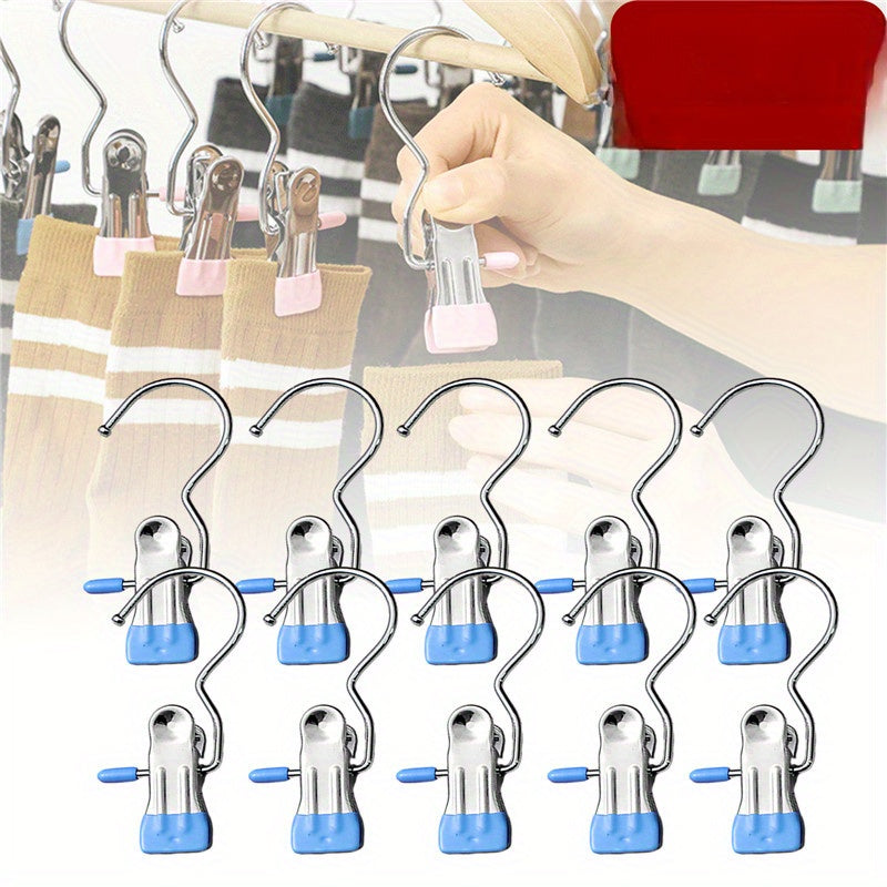 Clothespins Set of 10 - Stainless Steel Laundry Pegs with Hooks for Hanging Clothes, Portable Clips for Closet Organization and Storage