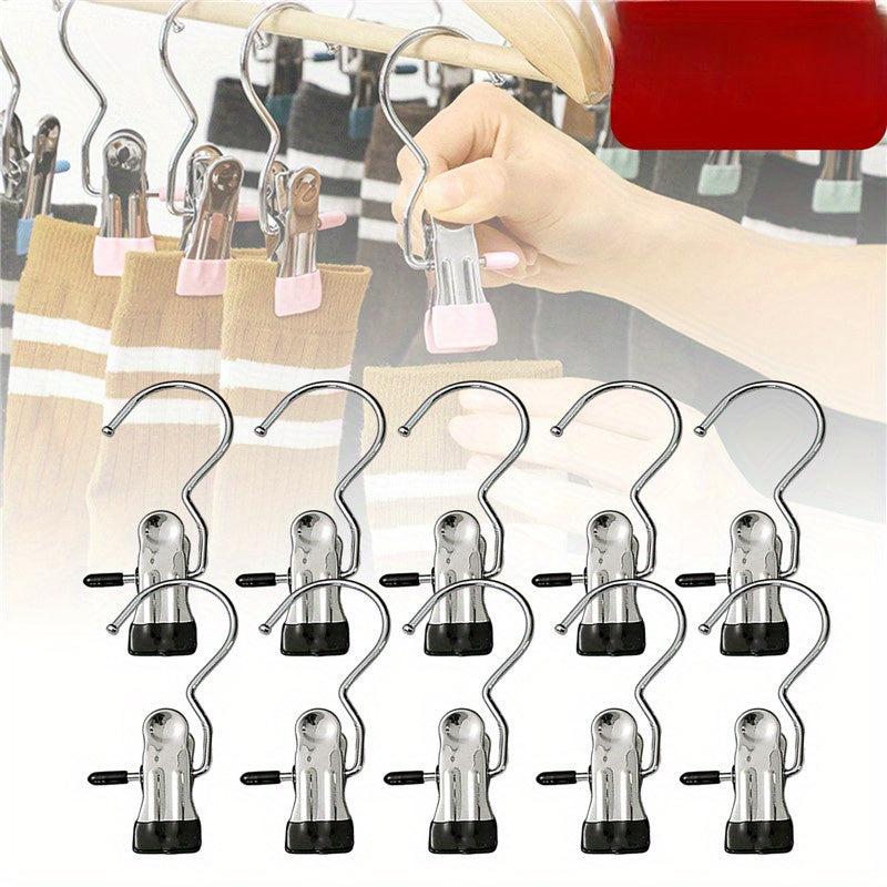 Clothespins Set of 10 - Stainless Steel Laundry Pegs with Hooks for Hanging Clothes, Portable Clips for Closet Organization and Storage