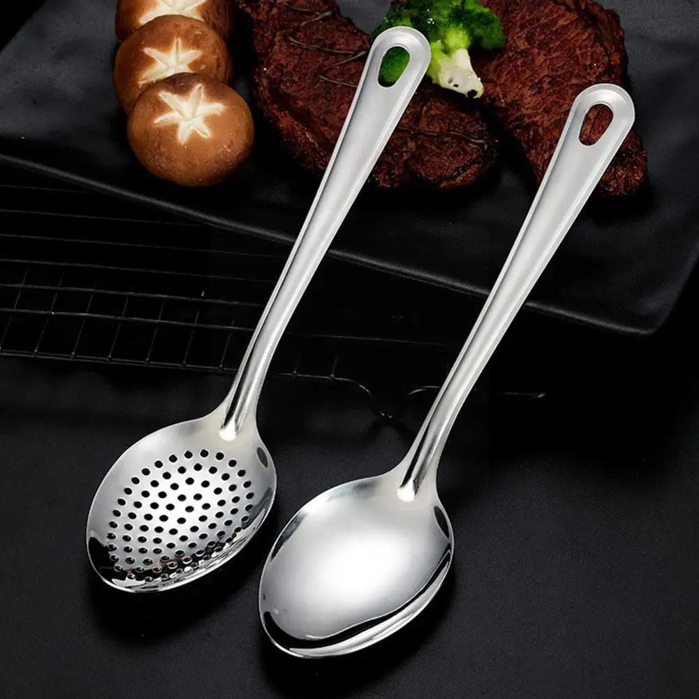 Stainless steel spoon set for home, restaurant, or hotel kitchens, includes colander, slotted spoon, and dessert fruit snack spoons.