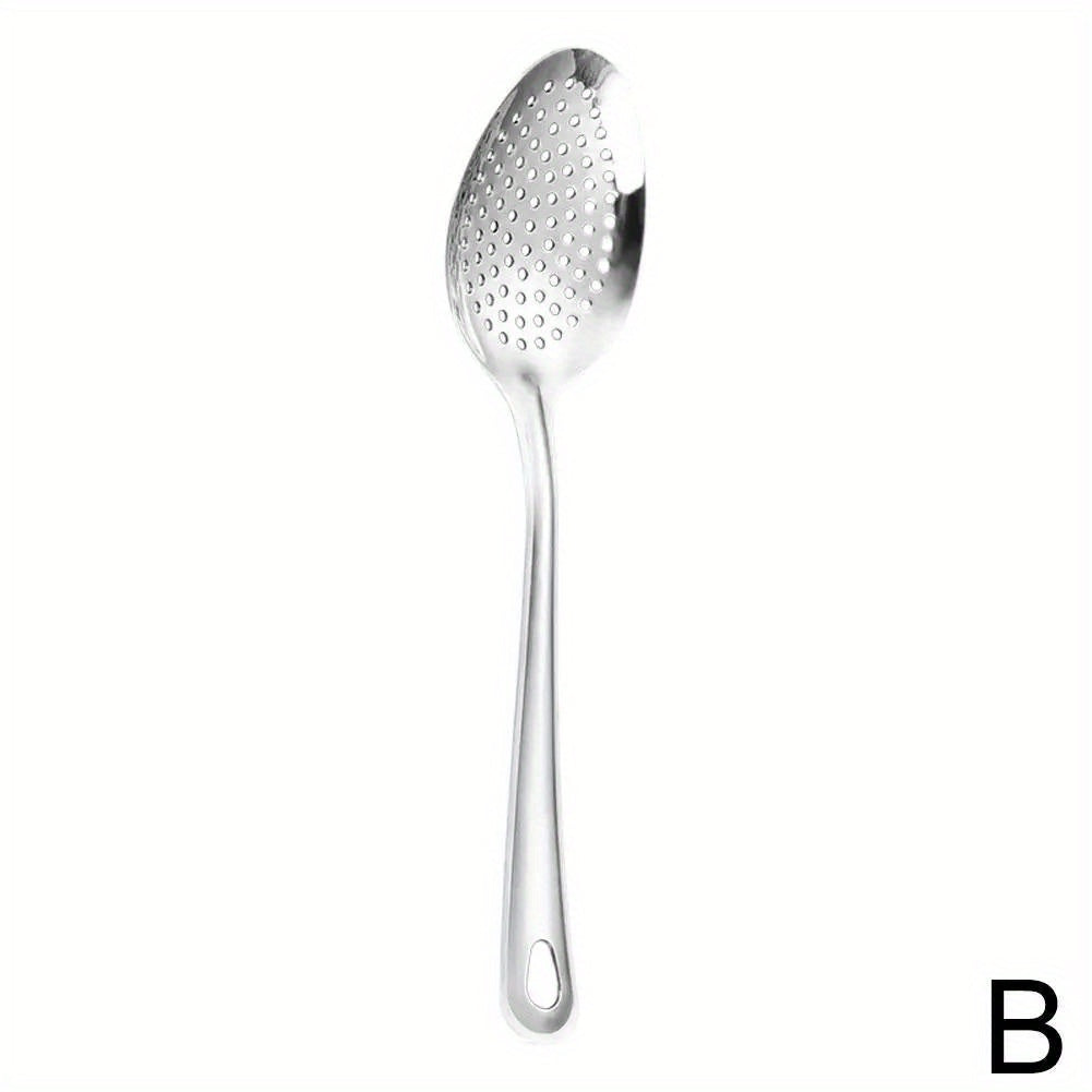 Stainless steel spoon set for home, restaurant, or hotel kitchens, includes colander, slotted spoon, and dessert fruit snack spoons.