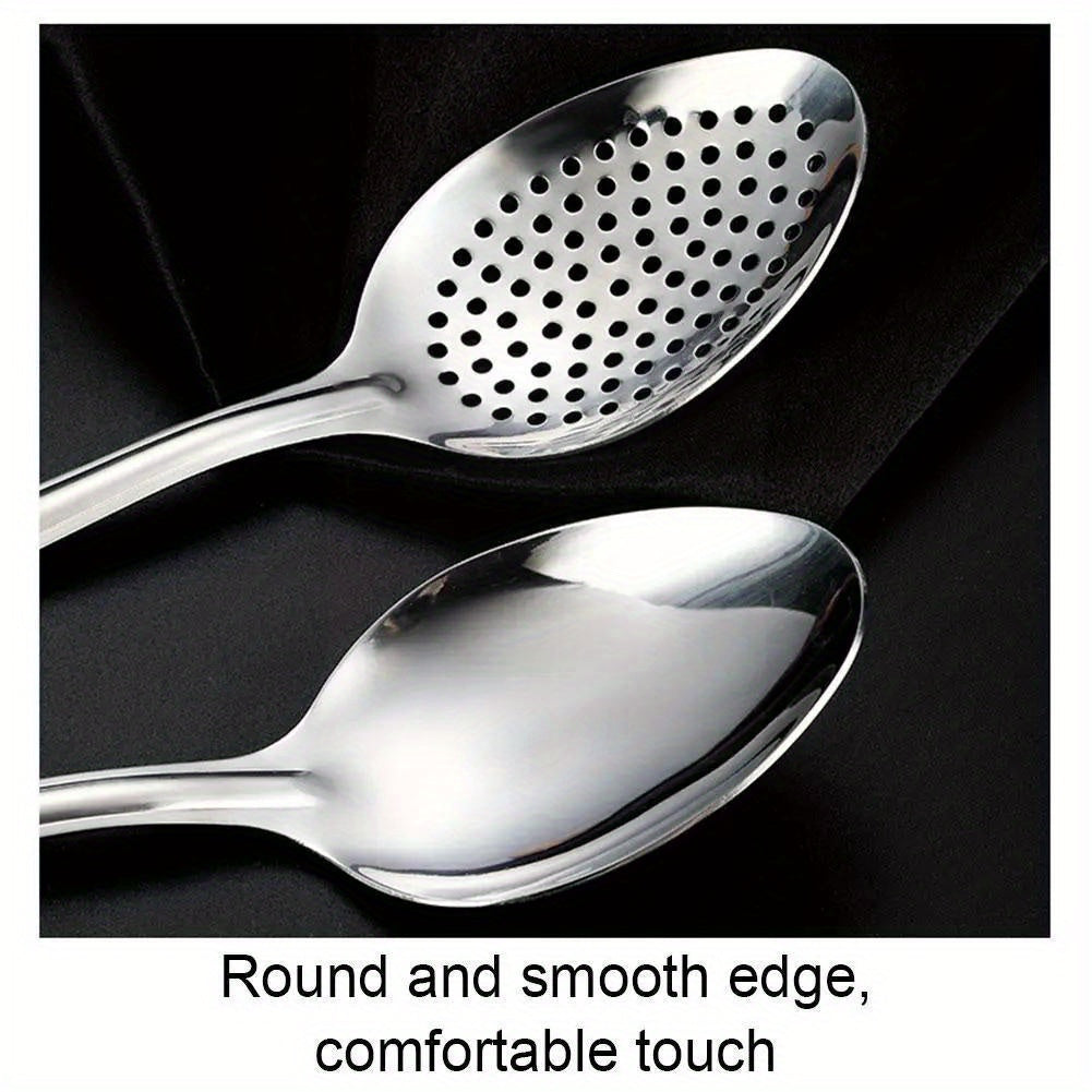 Stainless steel spoon set for home, restaurant, or hotel kitchens, includes colander, slotted spoon, and dessert fruit snack spoons.