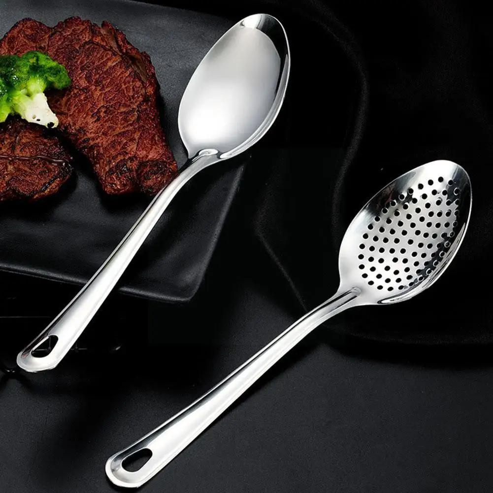 Stainless steel spoon set for home, restaurant, or hotel kitchens, includes colander, slotted spoon, and dessert fruit snack spoons.