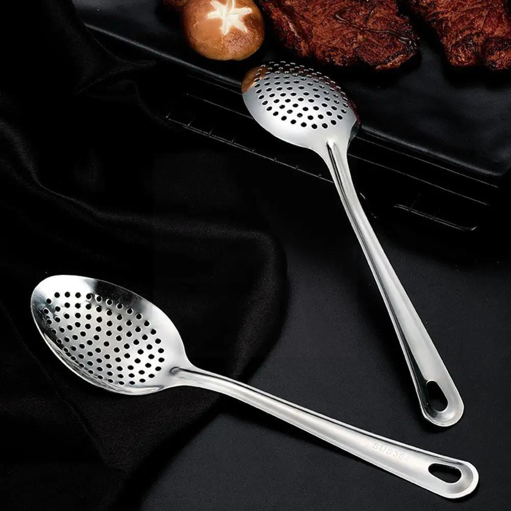 Stainless steel spoon set for home, restaurant, or hotel kitchens, includes colander, slotted spoon, and dessert fruit snack spoons.