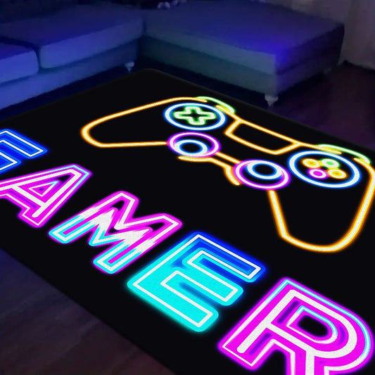 1 piece of Glow-in-the-dark Carpet for Games featuring Colorful Game Console Letter Print. This 1.2cm Thick Sponge Carpet is perfect for Bedroom and Game Room Decoration. The Non-slip Large Area Carpet is a great addition to your Back To School Supplies.