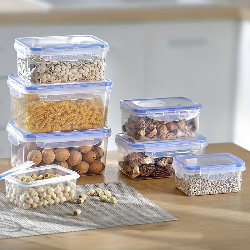 4 pieces of BPA-free plastic food storage containers with snap-on lids, airtight seals, transparent design, stackable for easy storage, and safe for use in both the freezer and microwave. Perfect for organizing your kitchen and pantry for meal prep.