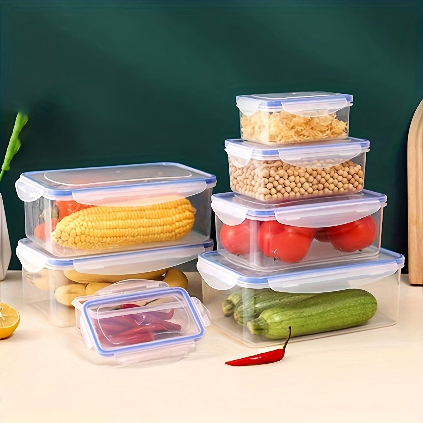 4 pieces of BPA-free plastic food storage containers with snap-on lids, airtight seals, transparent design, stackable for easy storage, and safe for use in both the freezer and microwave. Perfect for organizing your kitchen and pantry for meal prep.