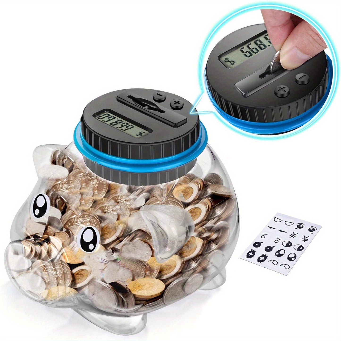 Automatic LCD display digital coin piggy bank with coin counter and large capacity for counting and storing money.