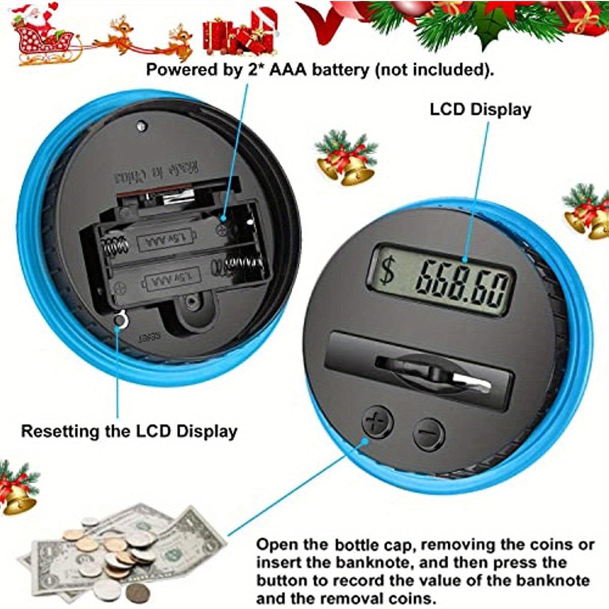 Automatic LCD display digital coin piggy bank with coin counter and large capacity for counting and storing money.