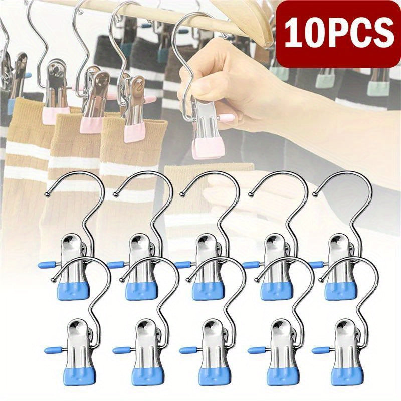 Clothespins Set of 10 - Stainless Steel Laundry Pegs with Hooks for Hanging Clothes, Portable Clips for Closet Organization and Storage