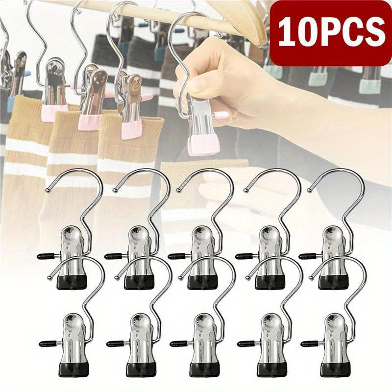 Clothespins Set of 10 - Stainless Steel Laundry Pegs with Hooks for Hanging Clothes, Portable Clips for Closet Organization and Storage