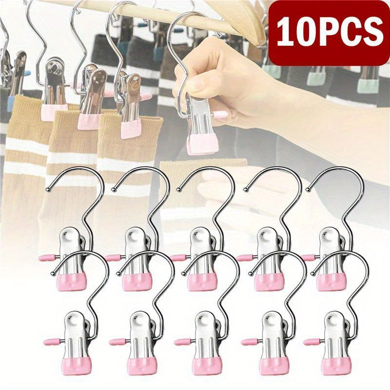 Clothespins Set of 10 - Stainless Steel Laundry Pegs with Hooks for Hanging Clothes, Portable Clips for Closet Organization and Storage