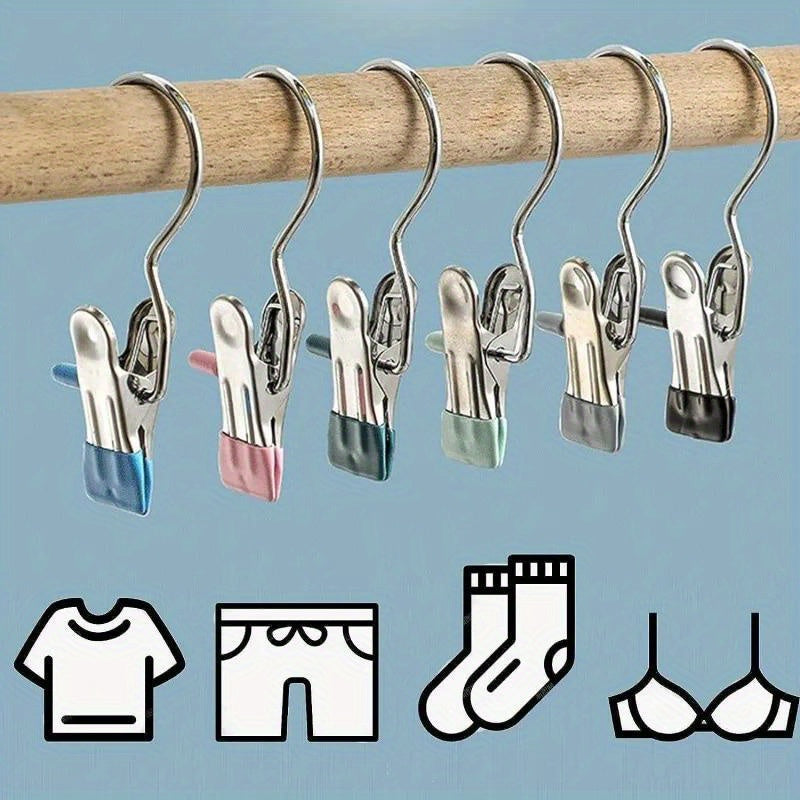 Clothespins Set of 10 - Stainless Steel Laundry Pegs with Hooks for Hanging Clothes, Portable Clips for Closet Organization and Storage