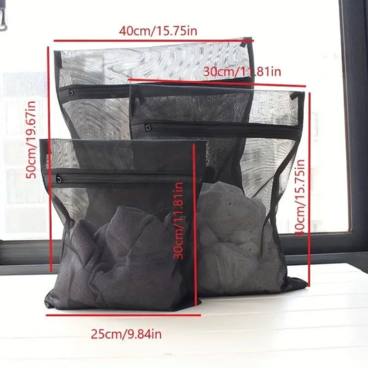 Set of three durable mesh laundry bags designed for delicate items - prevents clothes from getting wrinkled or stained, great for larger pieces, perfect for use at home or in dorms. Ideal for laundry care.