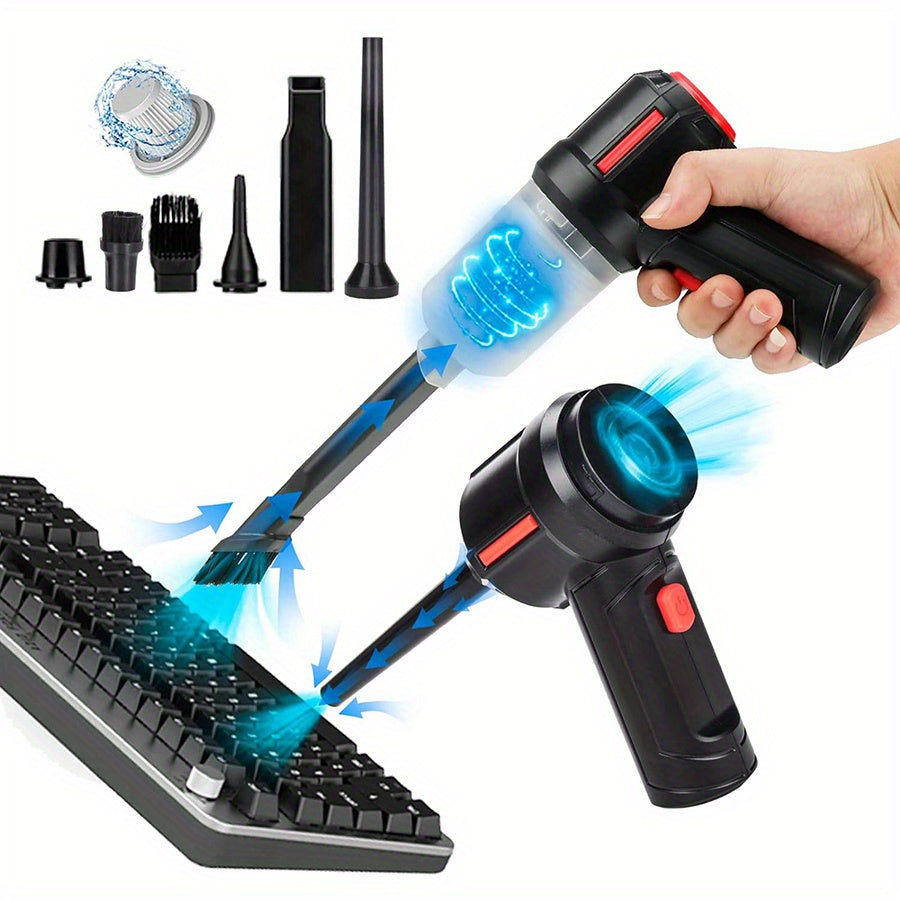 One piece of a cordless handheld vacuum cleaner with a charging dock. This rechargeable car vacuum has strong suction and is portable for home and car cleaning. It can be used for wet or dry cleaning and comes with a keyboard detailing tool.