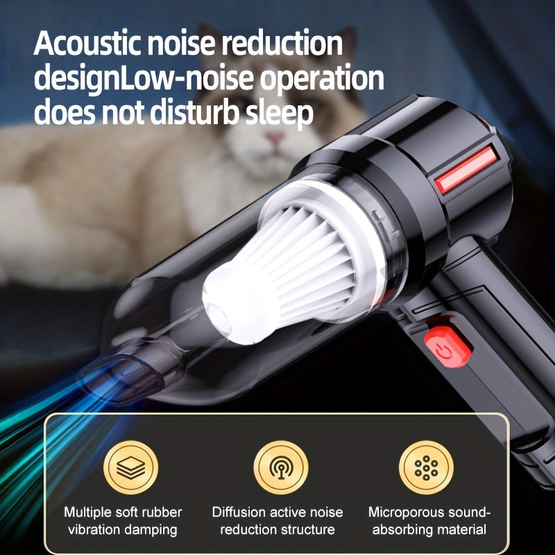 One piece of a cordless handheld vacuum cleaner with a charging dock. This rechargeable car vacuum has strong suction and is portable for home and car cleaning. It can be used for wet or dry cleaning and comes with a keyboard detailing tool.