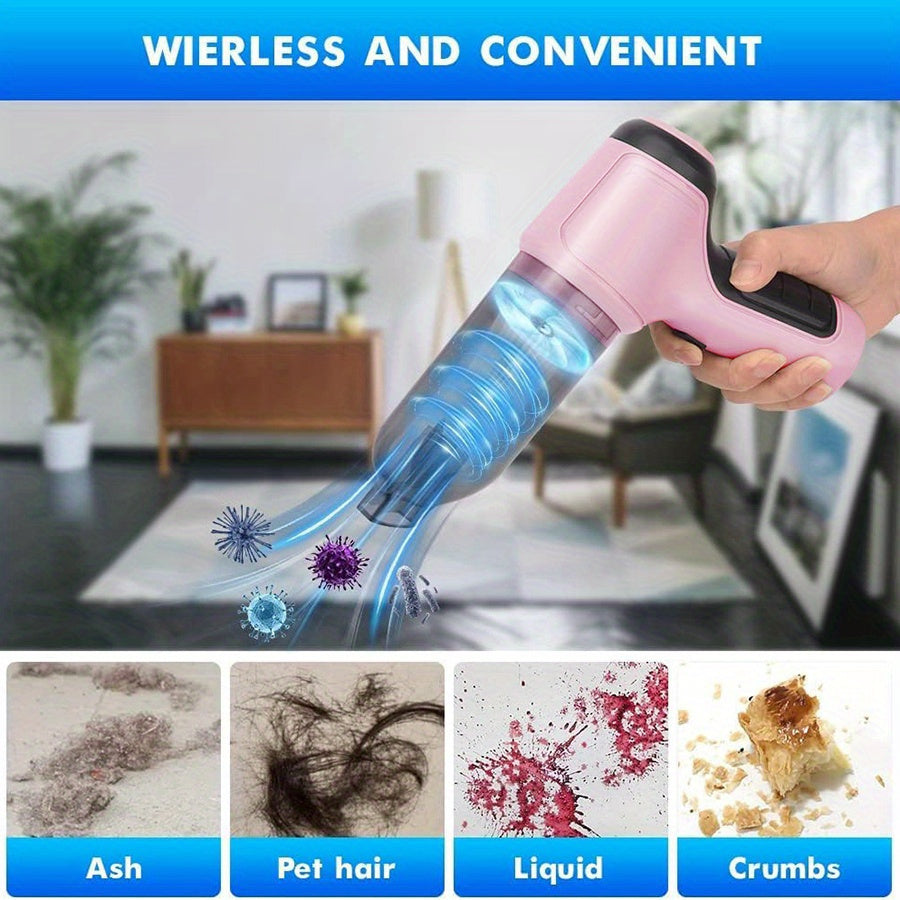 Pink Handheld Vacuum Cleaner with High-Power 45W - Cordless and Portable with Strong Suction for Wet and Dry Cleaning. USB Rechargeable, Comes with Dust Brush.