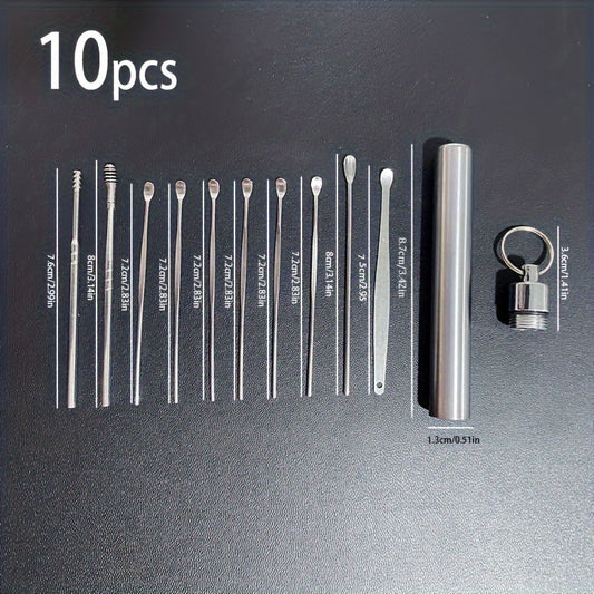 Set of 10 stainless steel ear wax removal tools for cleaning and collecting ear wax