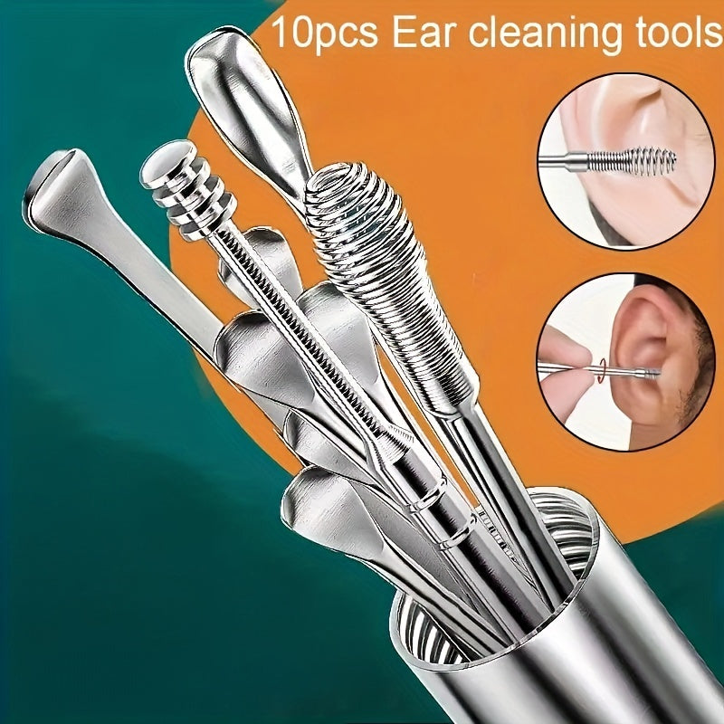 Set of 10 stainless steel ear wax removal tools for cleaning and collecting ear wax